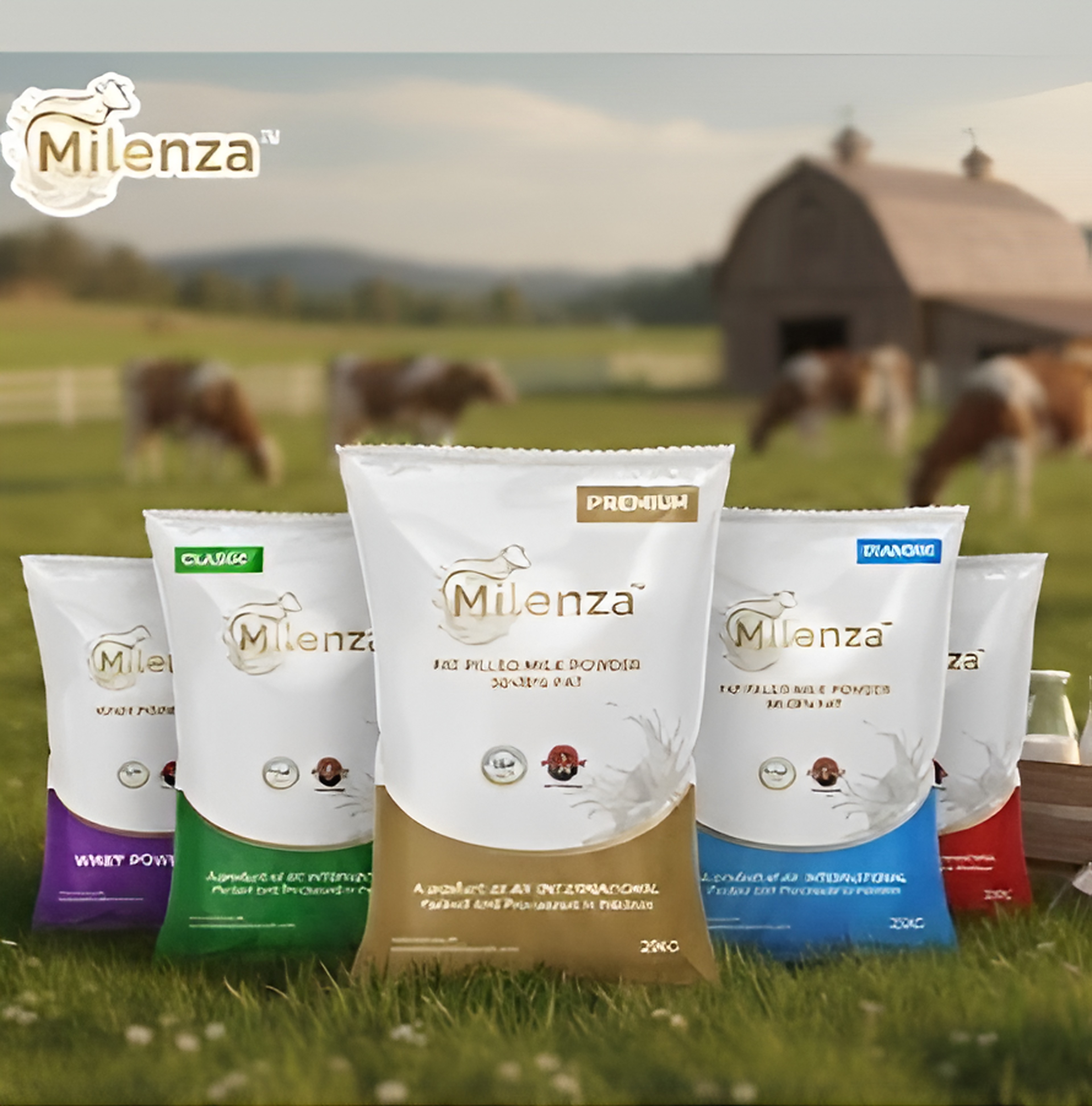 Milenza milk powder range — Classic, Premium, Diamond, Non Fat and Whey packs in a green pasture with grazing cows and a barn